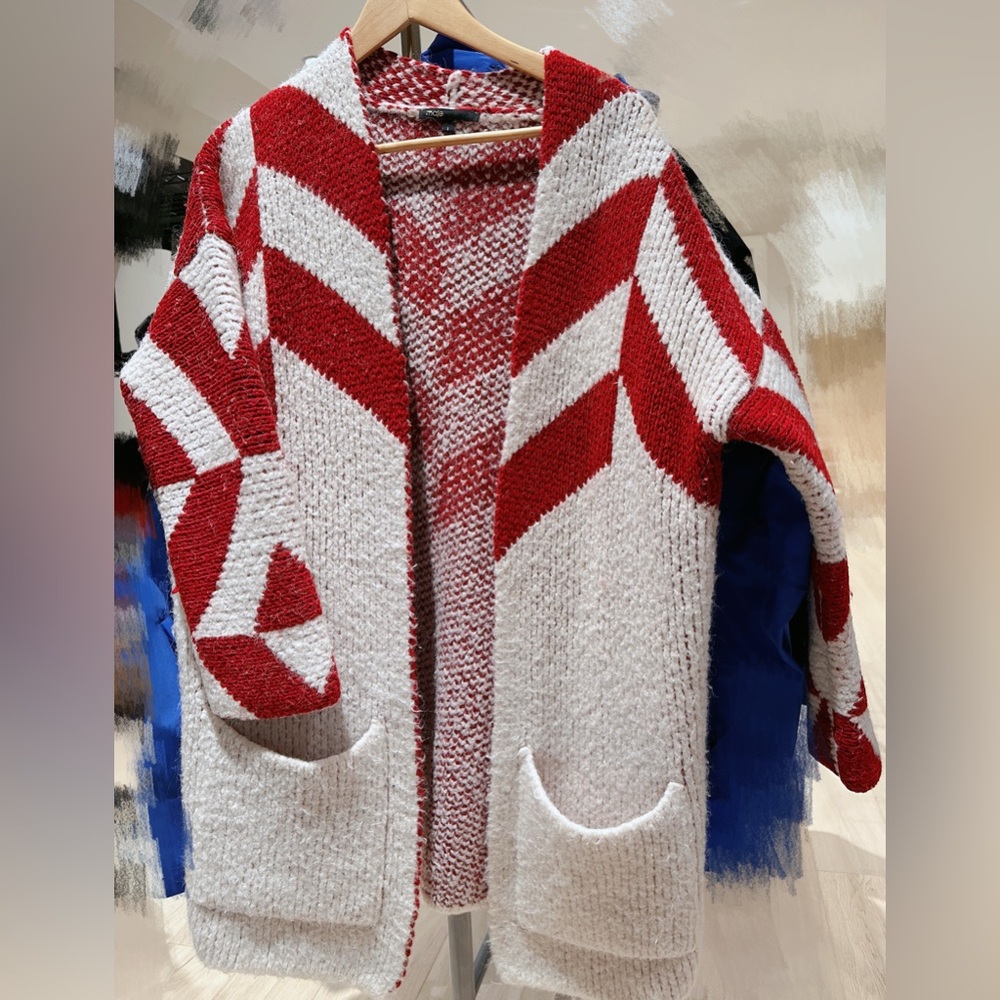 Maje Red and White Geometric Cardigan Sweater